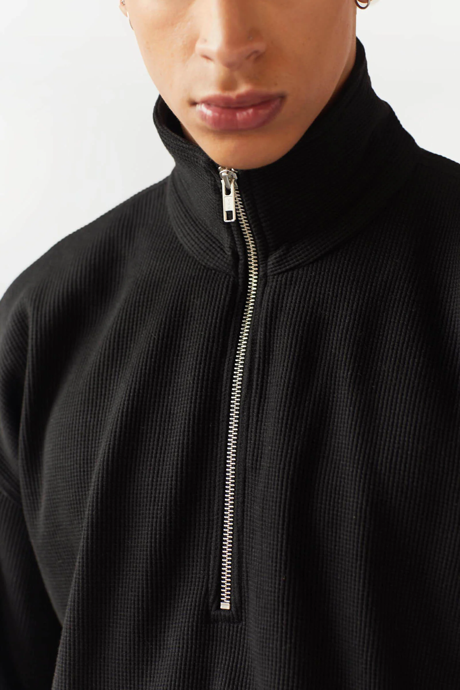 Black Half Zip Waffle Sweatshirt - Image 3