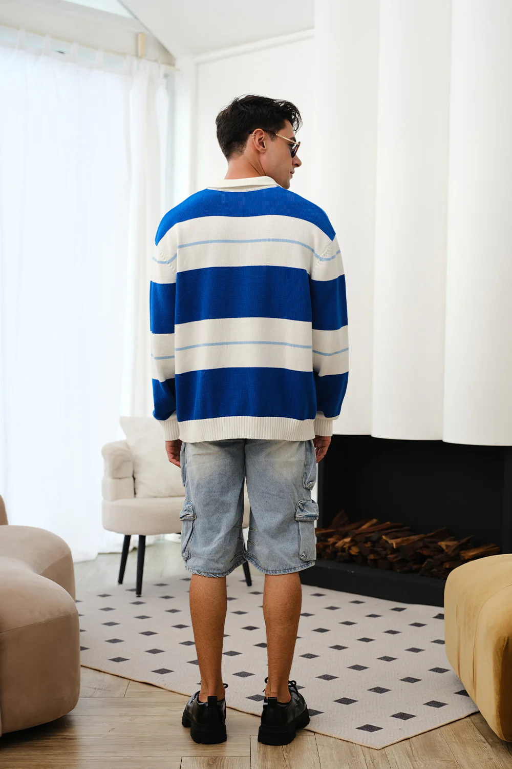 Blue Stripe V-Neck Knit Polo - Image 6