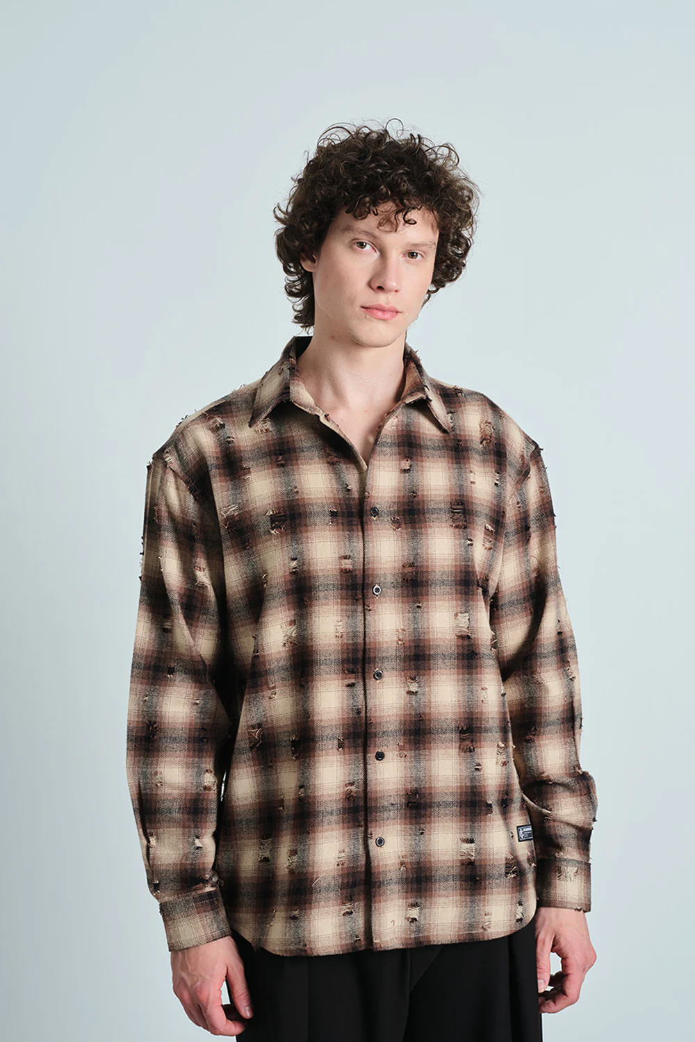 Brown Distressed Plaid Overshirt - Image 2