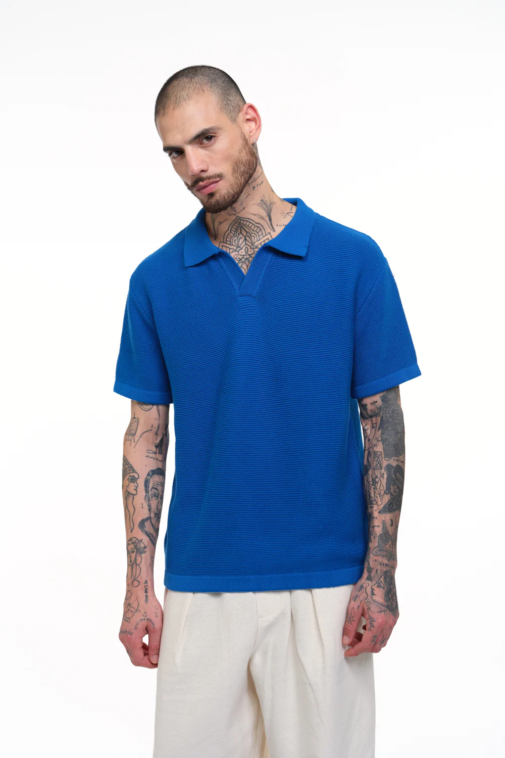 Cobalt Blue Knit Textured Polo T-shirt - Image 2