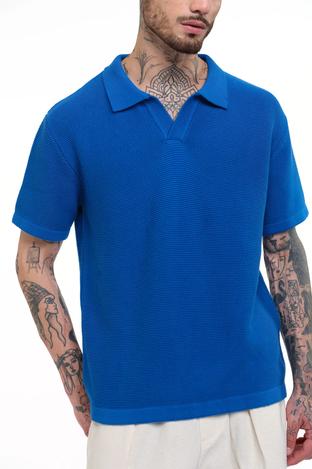 Cobalt Blue Knit Textured Polo T-shirt - Image 3