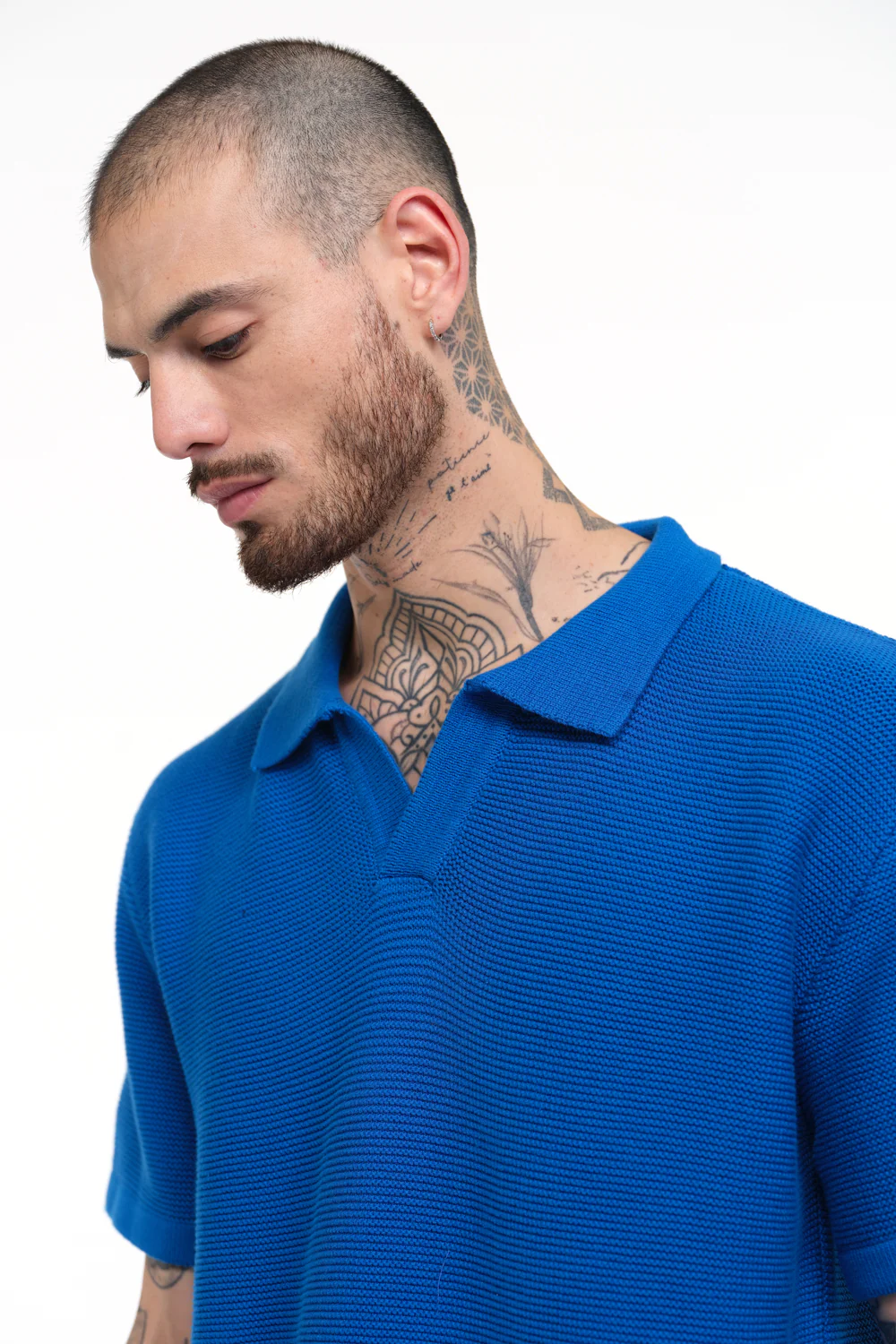 Cobalt Blue Knit Textured Polo T-shirt - Image 4