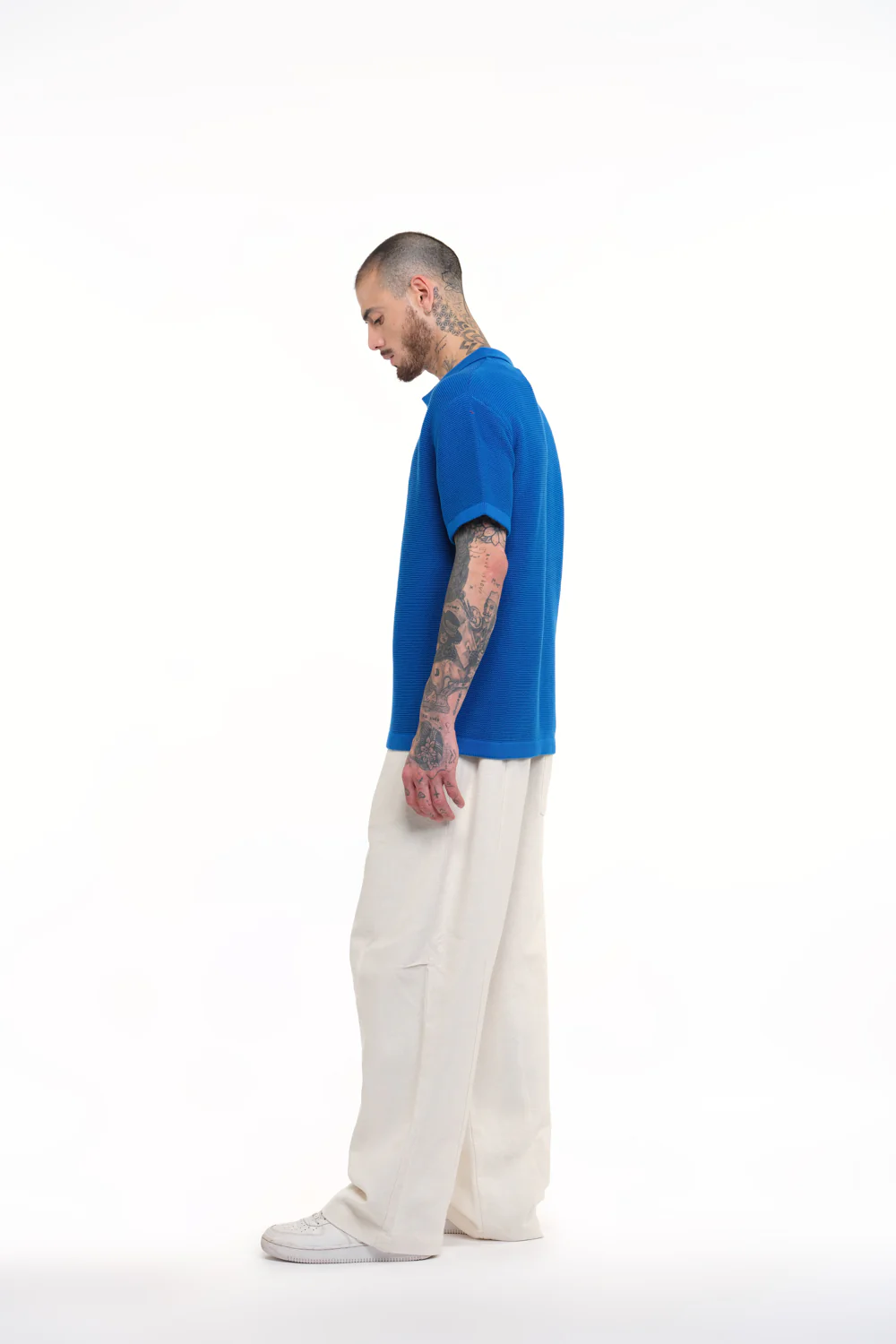 Cobalt Blue Knit Textured Polo T-shirt - Image 6