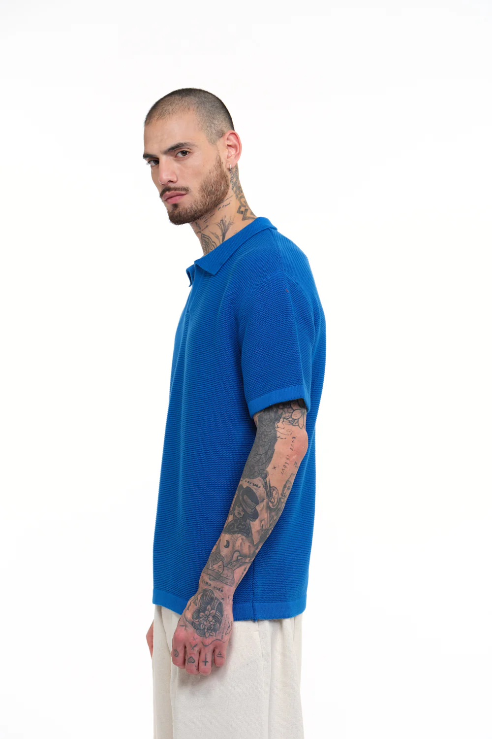 Cobalt Blue Knit Textured Polo T-shirt - Image 7