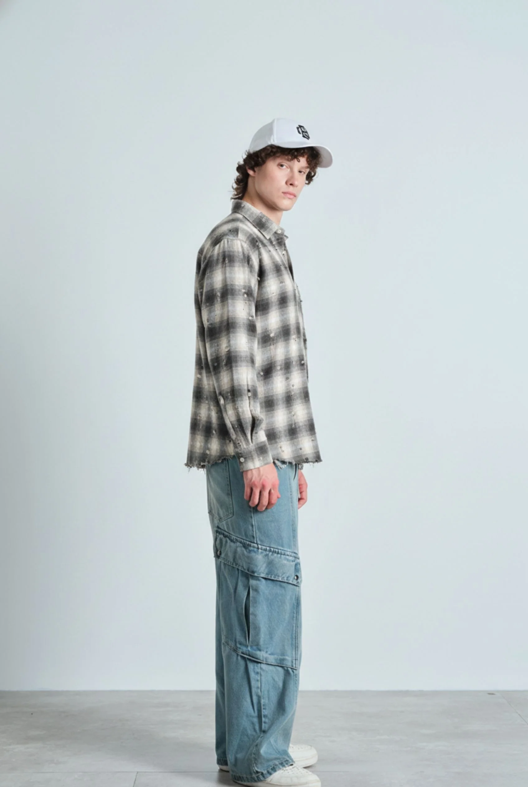 Grey Distressed Plaid Overshirt - Image 7