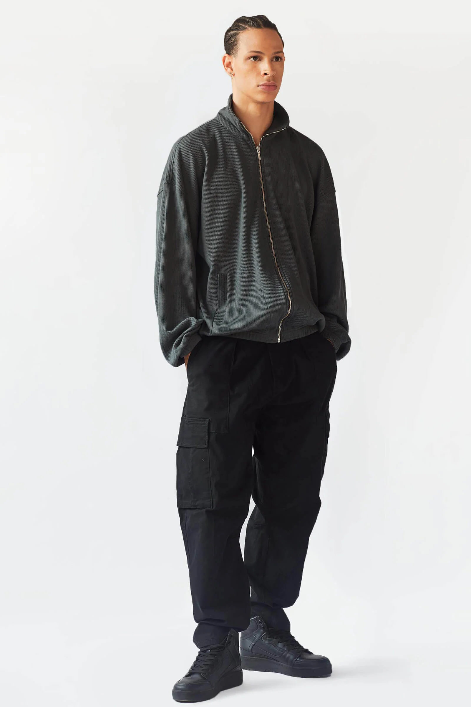 Grey Full Sleeves Waffle Zipper - Image 2