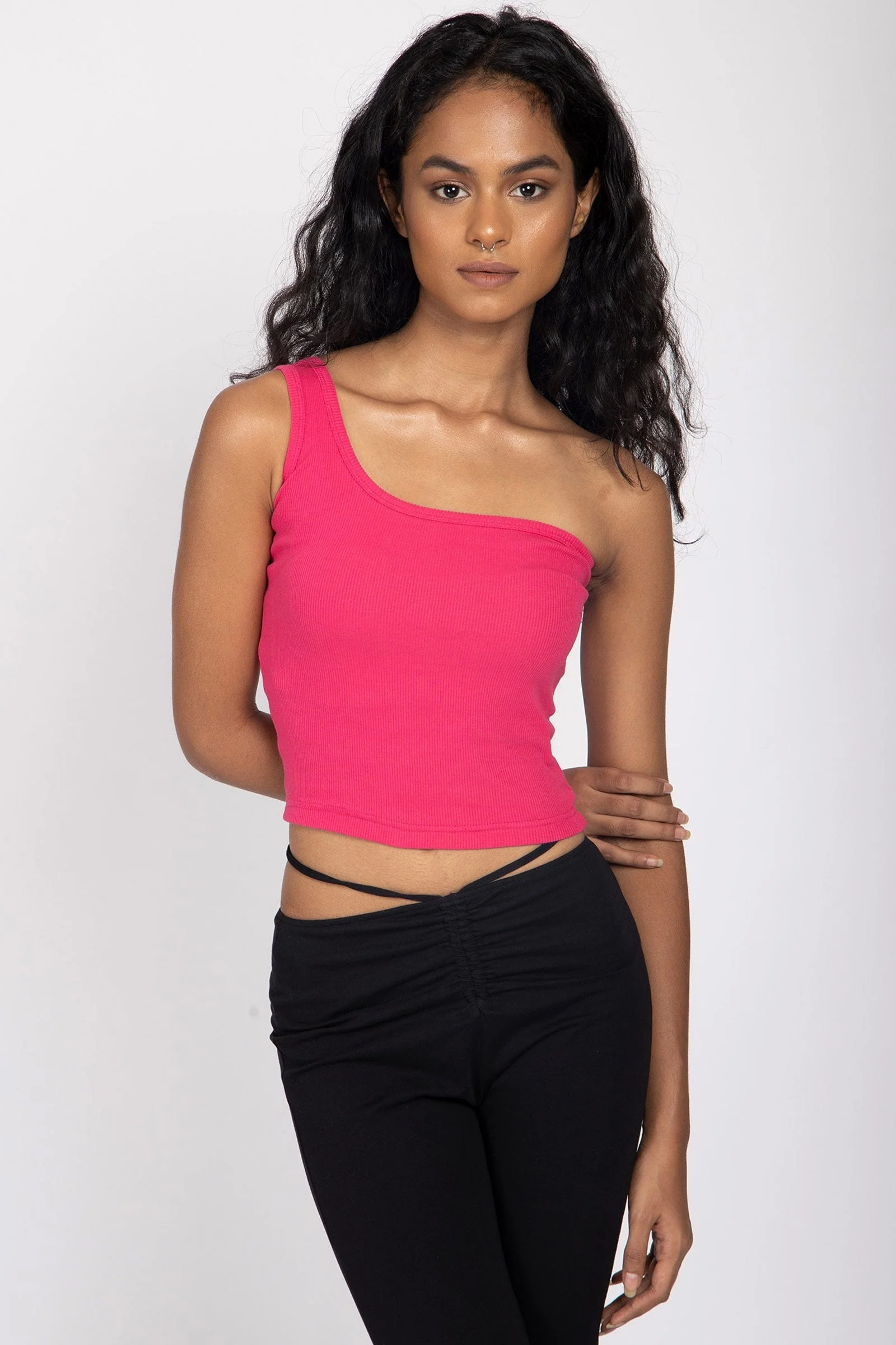 Hot Pink One Shoulder Ribbed Tank - Image 4