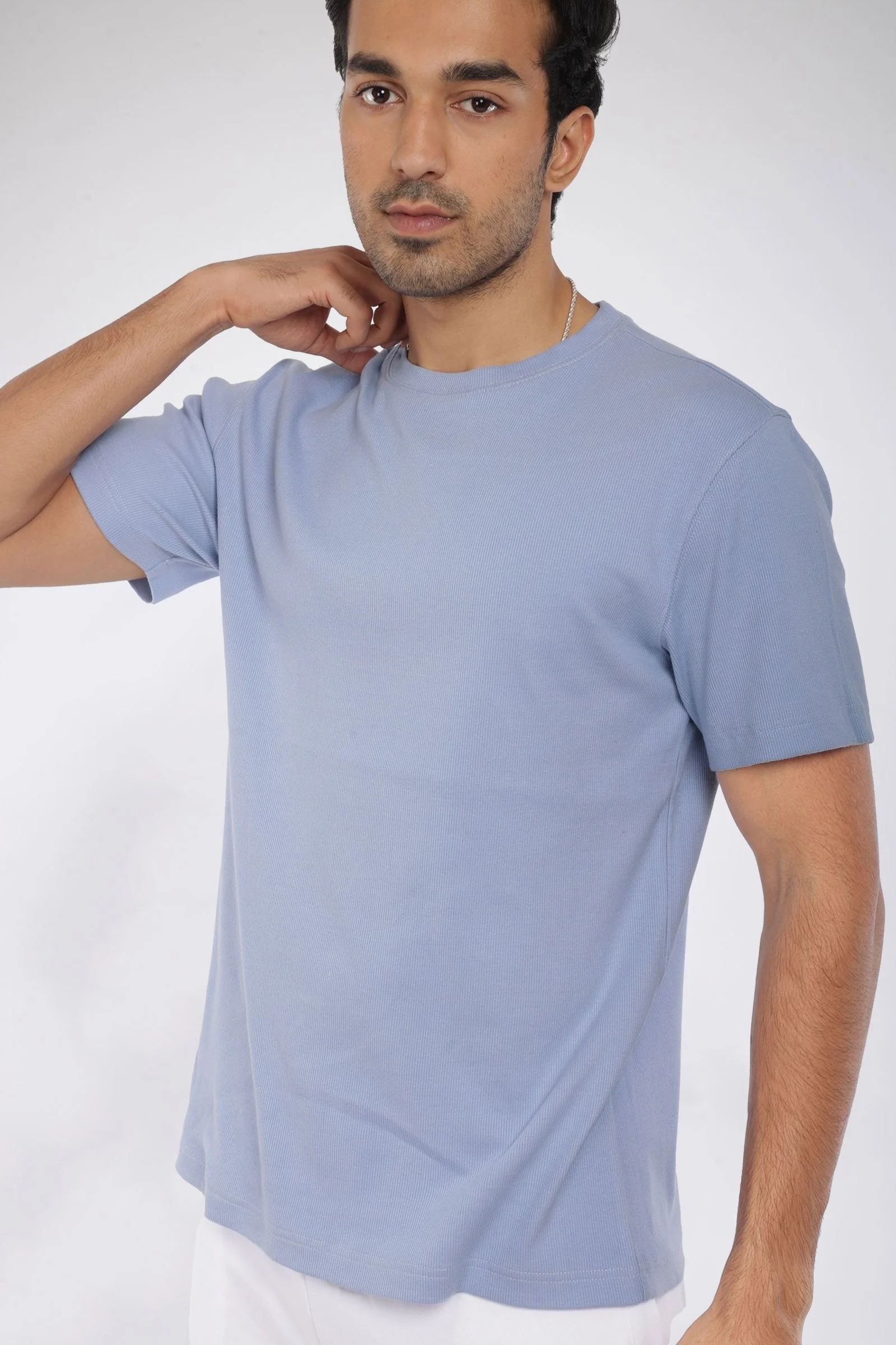 Mens Blue Ribbed Relaxed Fit T-shirt - Image 3