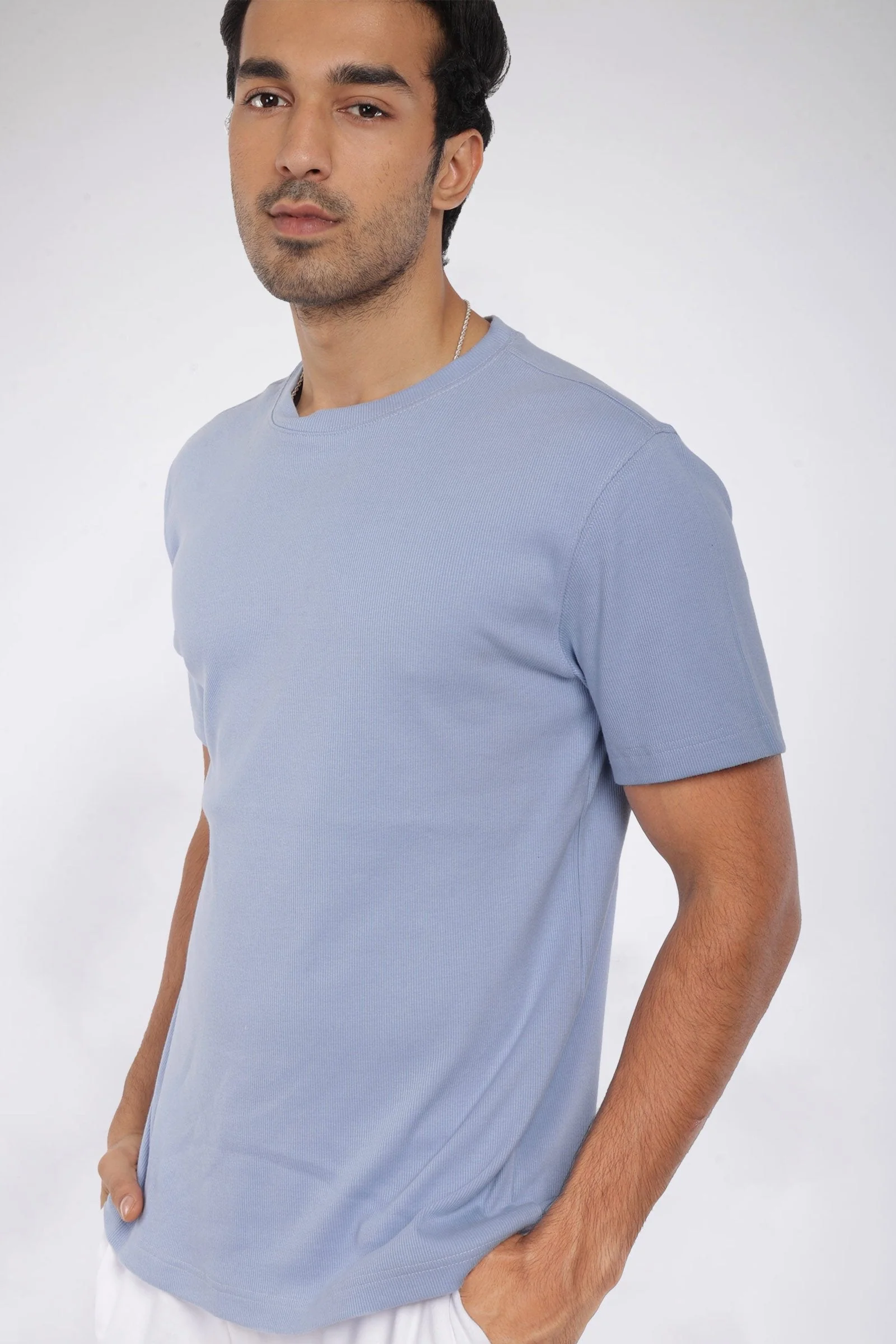 Mens Blue Ribbed Relaxed Fit T-shirt - Image 4