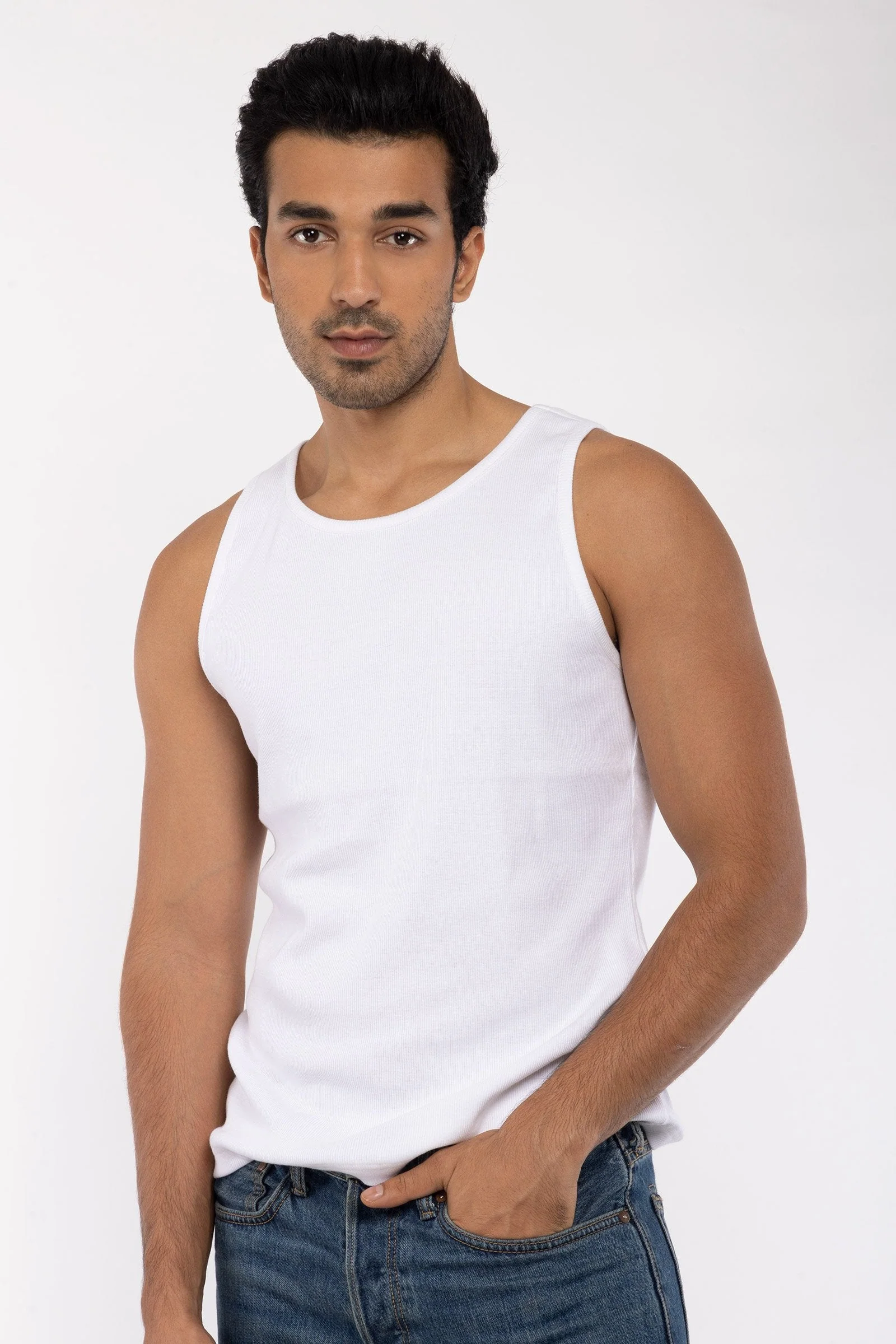Men's White Ribbed Vest Tank - Image 4