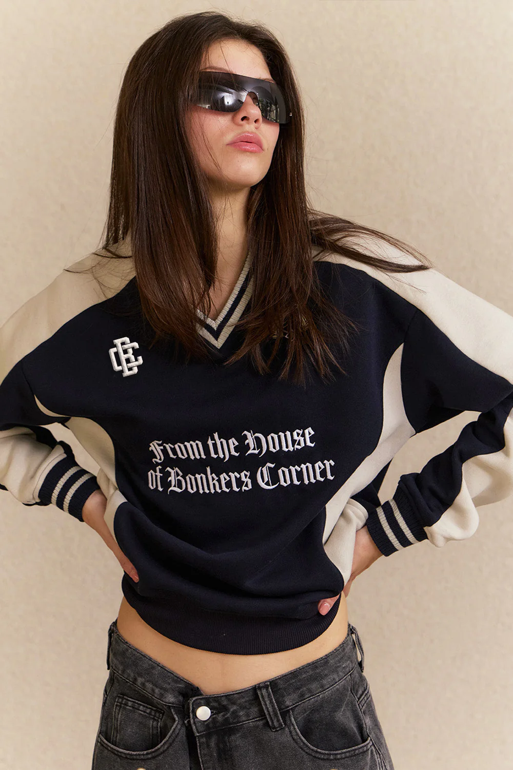 Navy Blue Athletic V-Neck Sweatshirt - Image 4