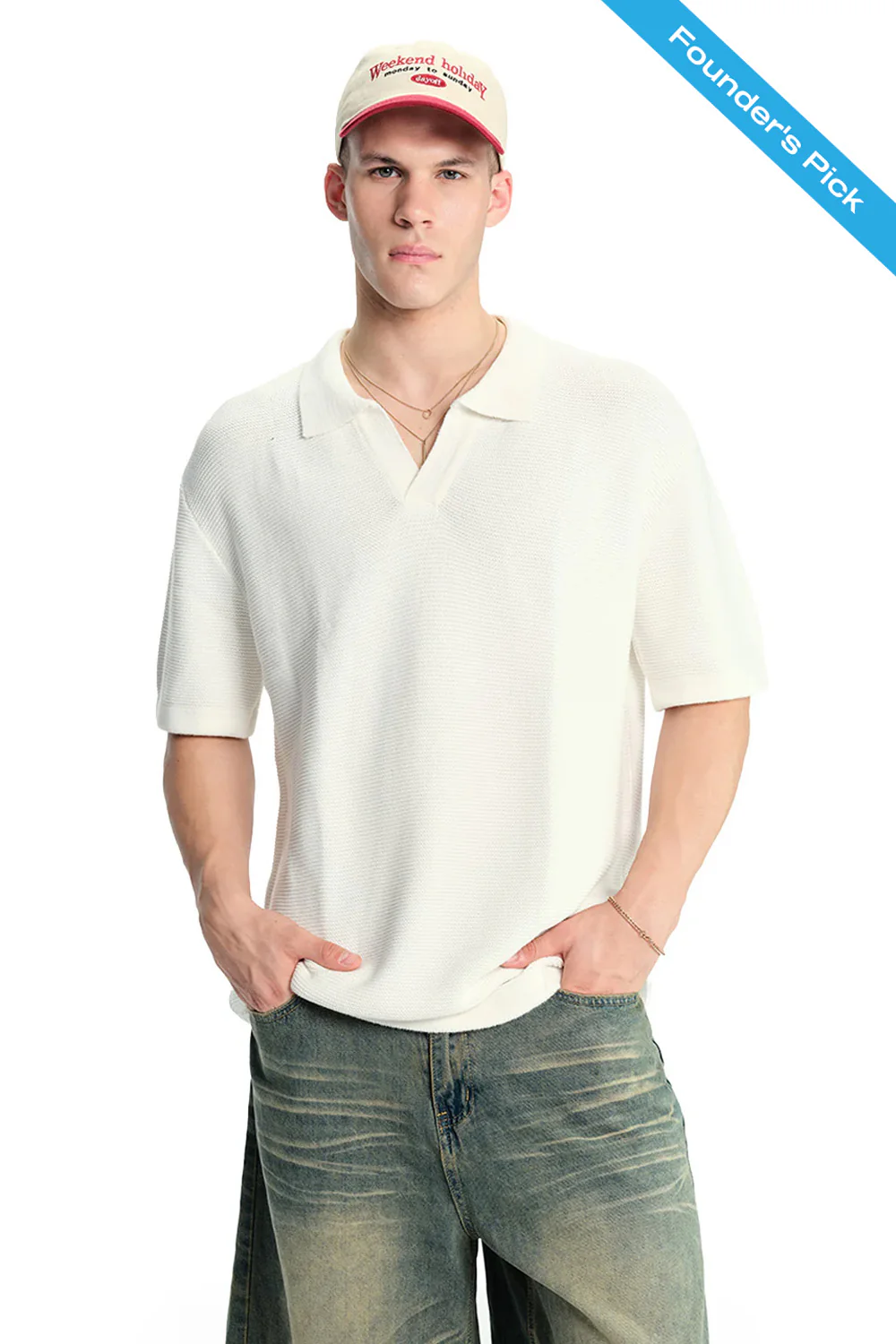 Off White Knit Double Textured Polo T-shirt