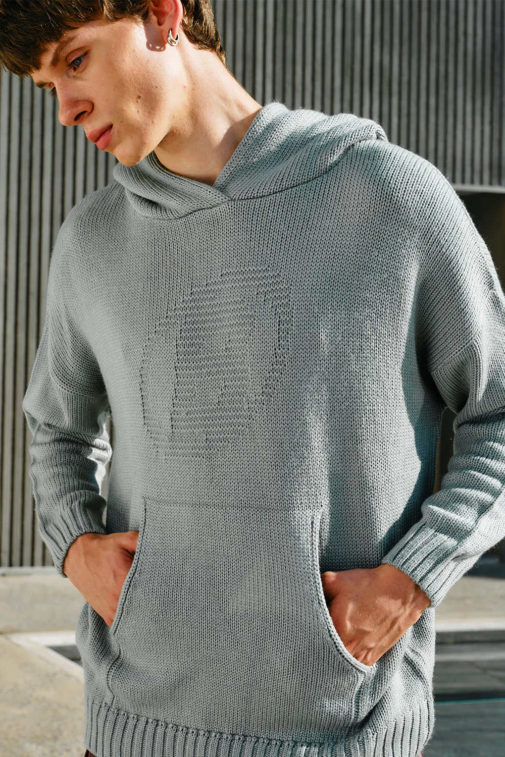 Pebble Grey Knit Hoodie - Image 3