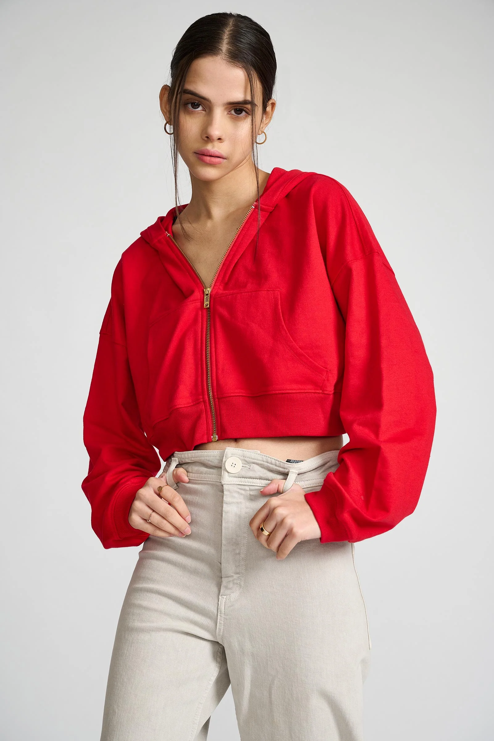 Red Crop Zipper Hoodie