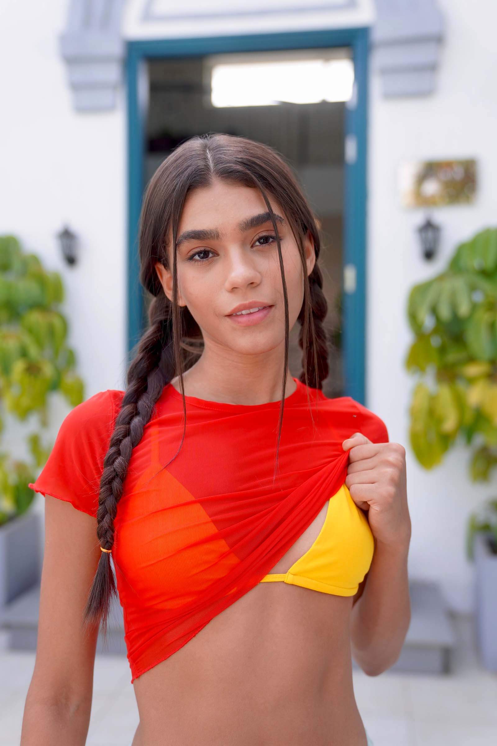 Red Mesh Half Sleeves Crop Top - Image 3