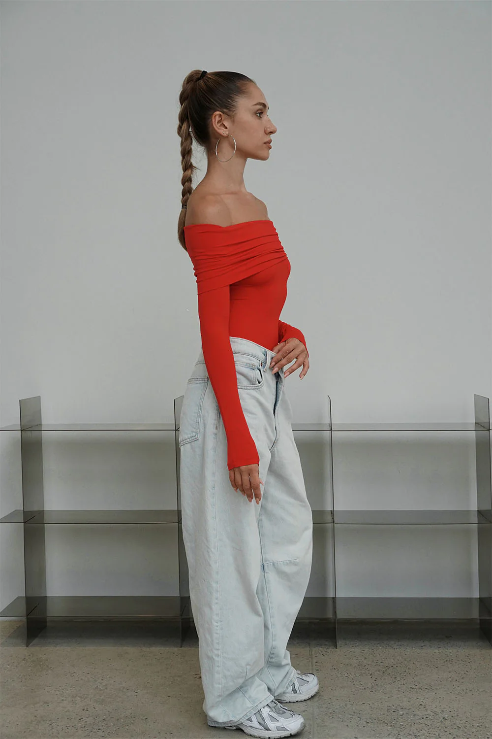 Red Off Shoulder Polyamide Bodysuit - Image 6