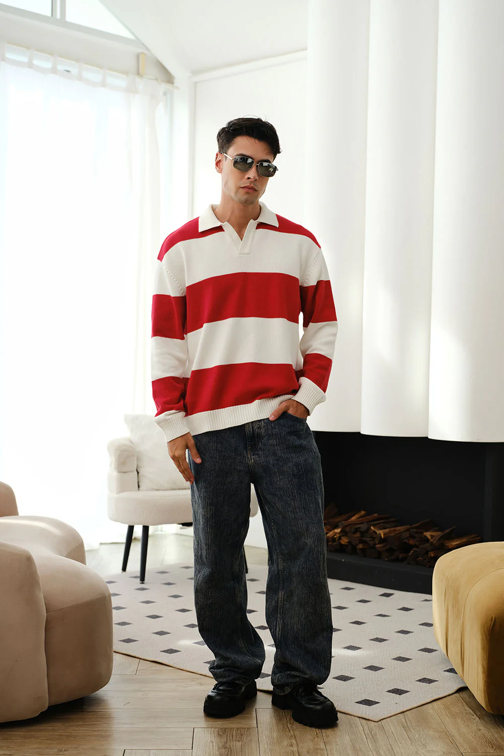 Red Stripe V-Neck Knit Polo - Image 3