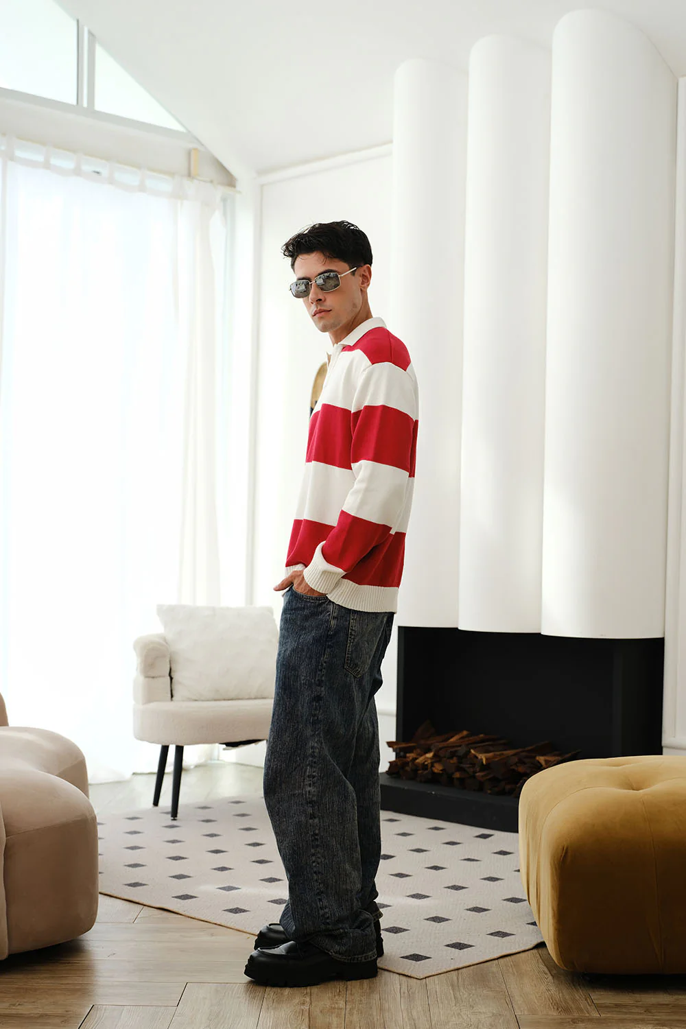 Red Stripe V-Neck Knit Polo - Image 7
