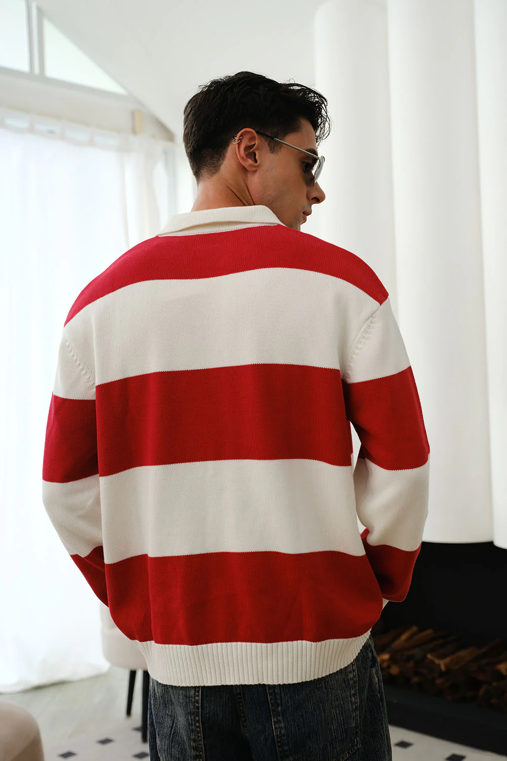 Red Stripe V-Neck Knit Polo - Image 9