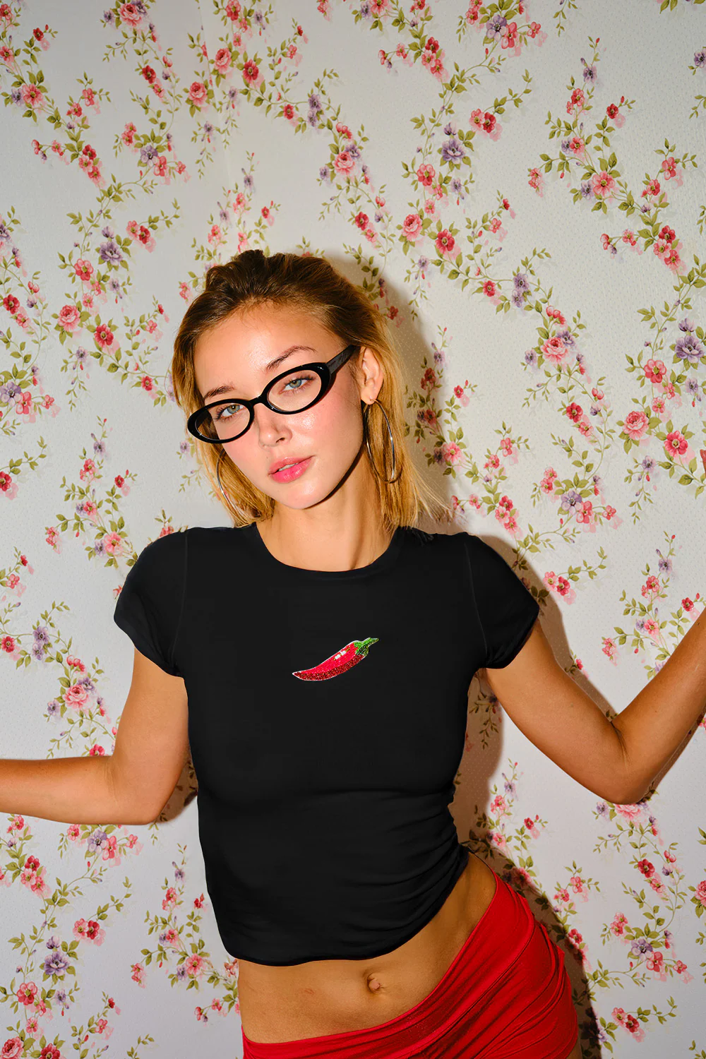 Spicy Talk Black Beaded Embroidery Baby Tee - Image 4