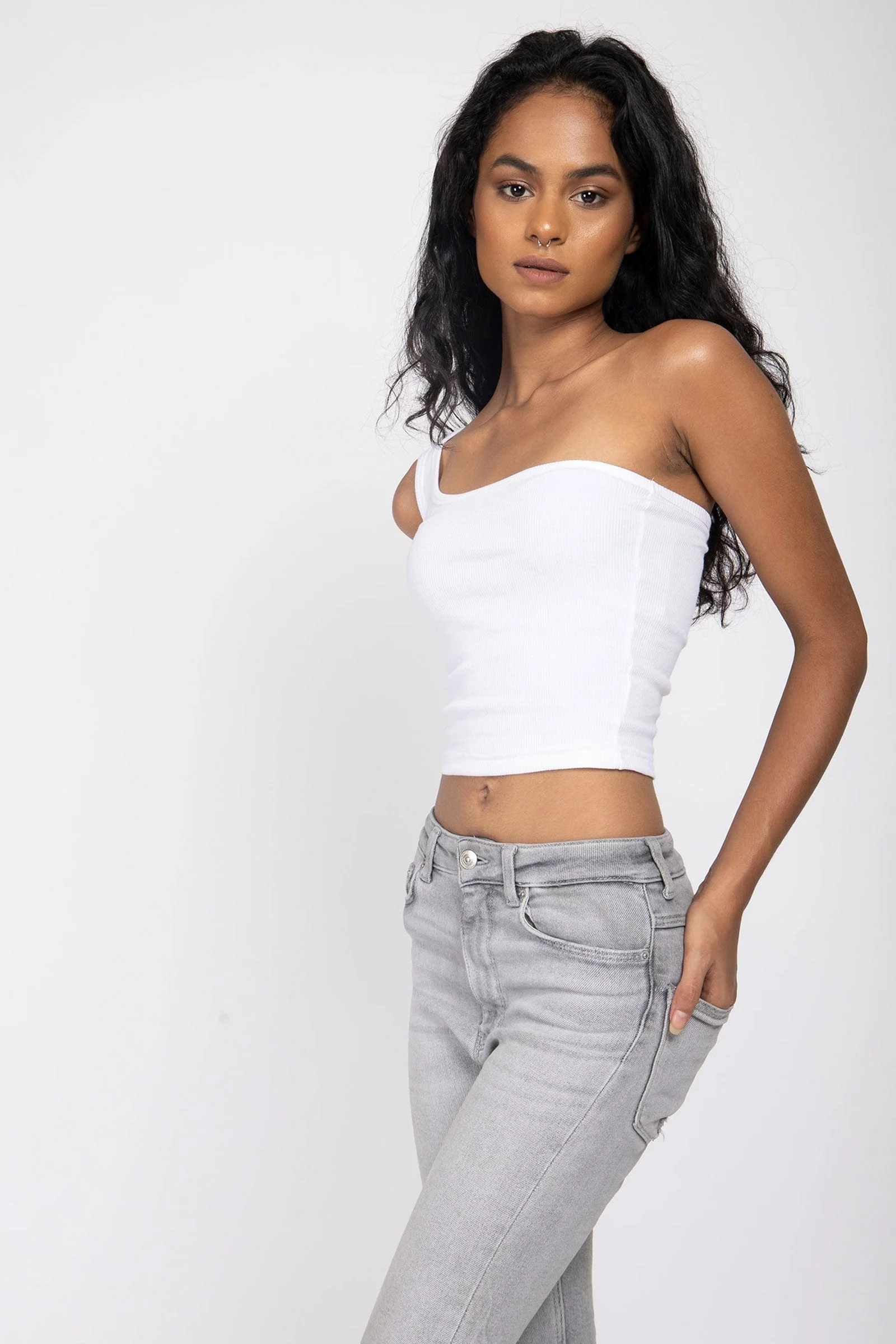 White One Shoulder Ribbed Tank - Image 3